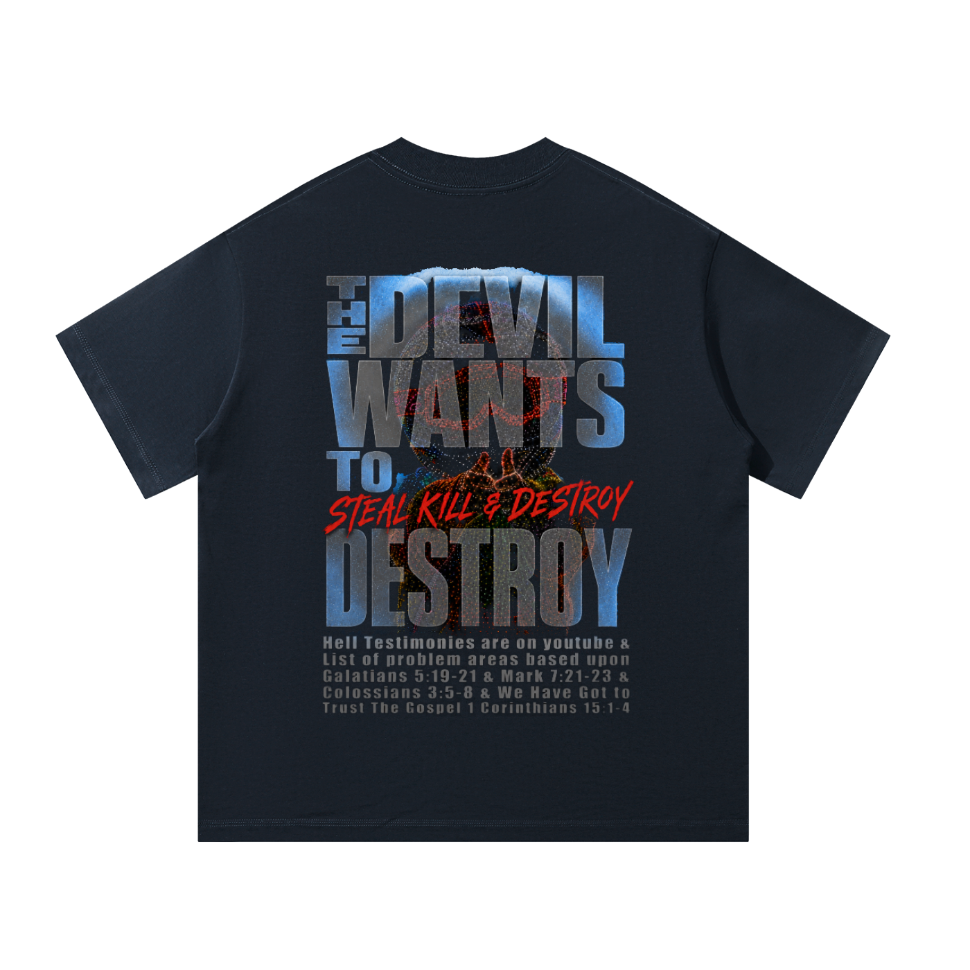 The devils plan on the back of T-Shirt