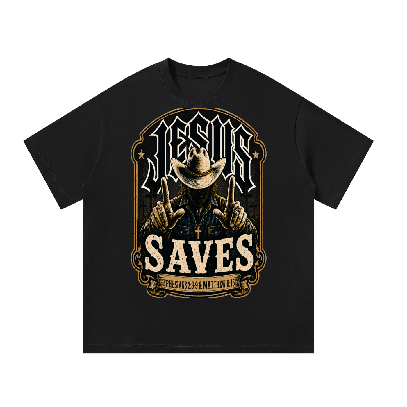 Jesus saves (EPHESIANS 2:8-9 & MATTHEW 6:15) T-Shirt