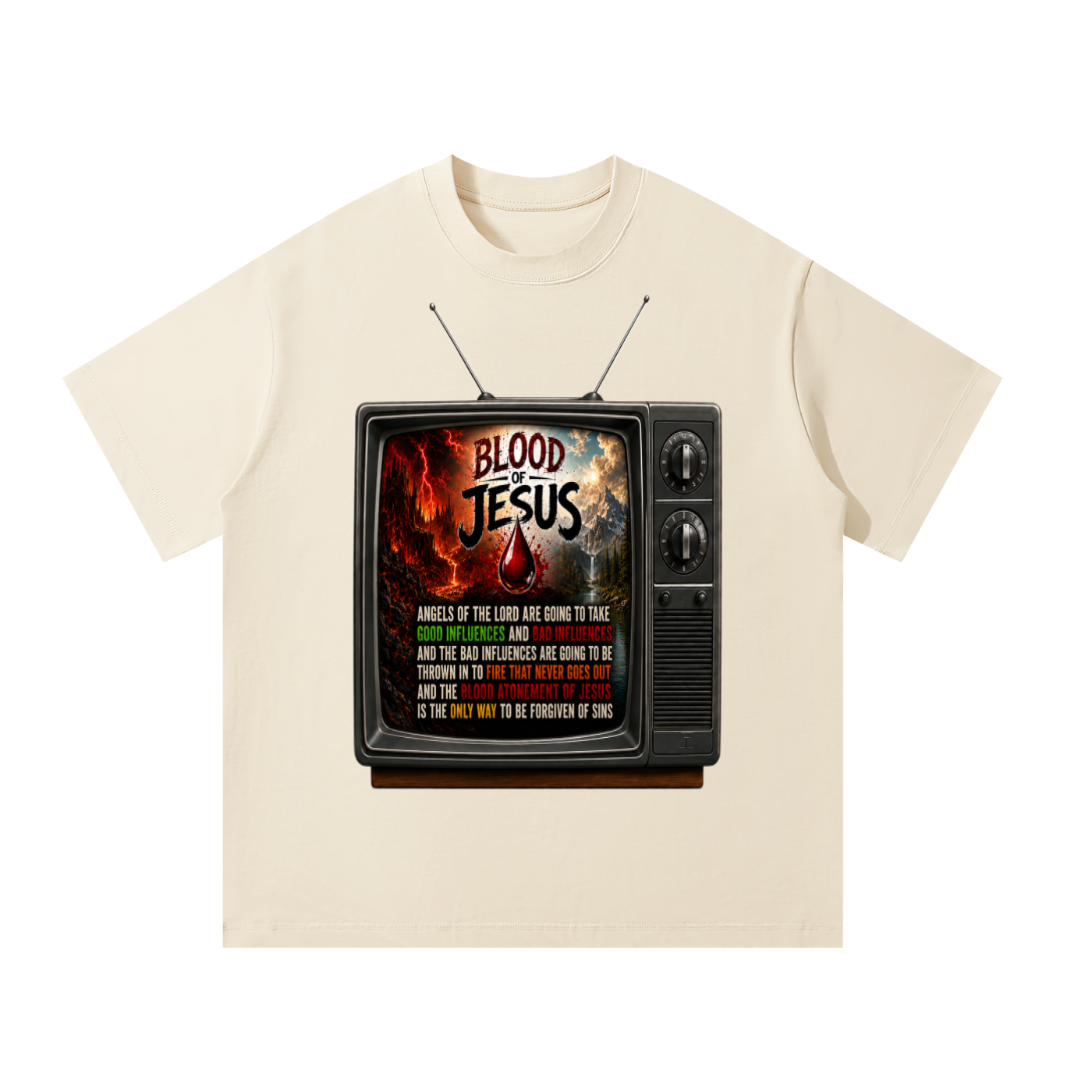 Blood of Jesus on a TV on a T-Shirt