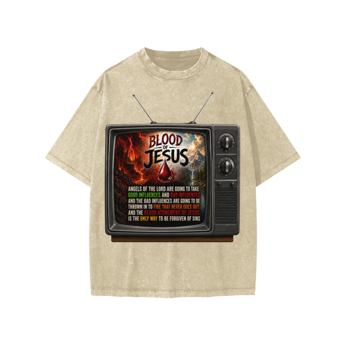 Blood of Jesus on a TV on a Kids' T-Shirt