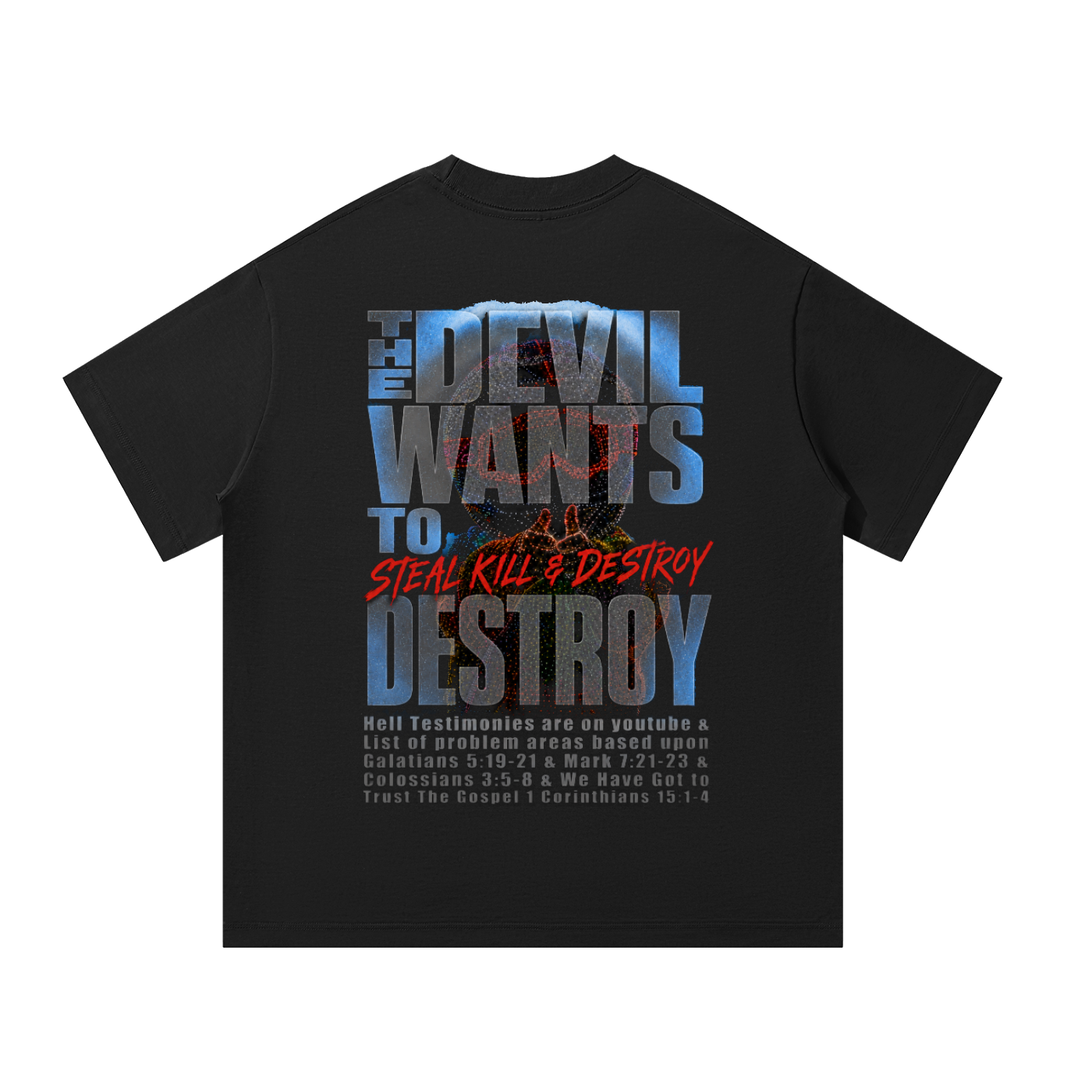 The devils plan on the back of T-Shirt