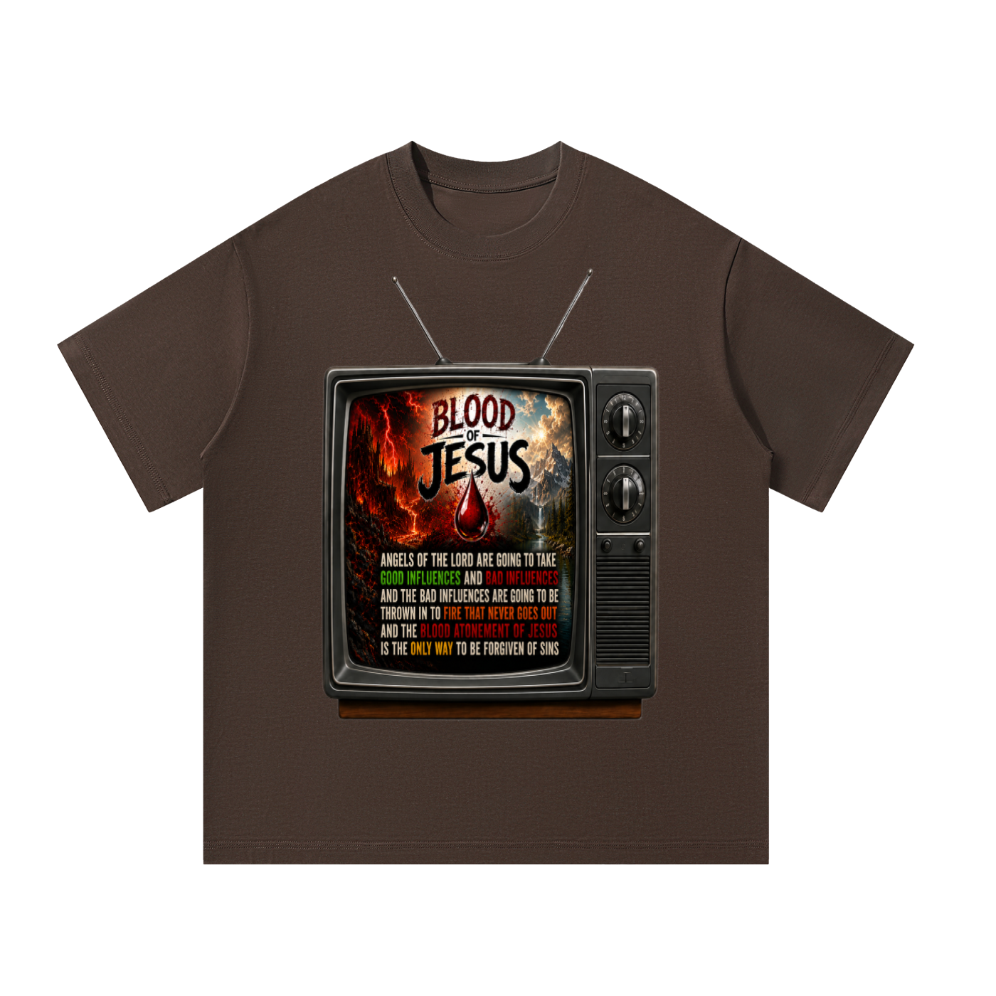 Blood of Jesus on a TV on a T-Shirt