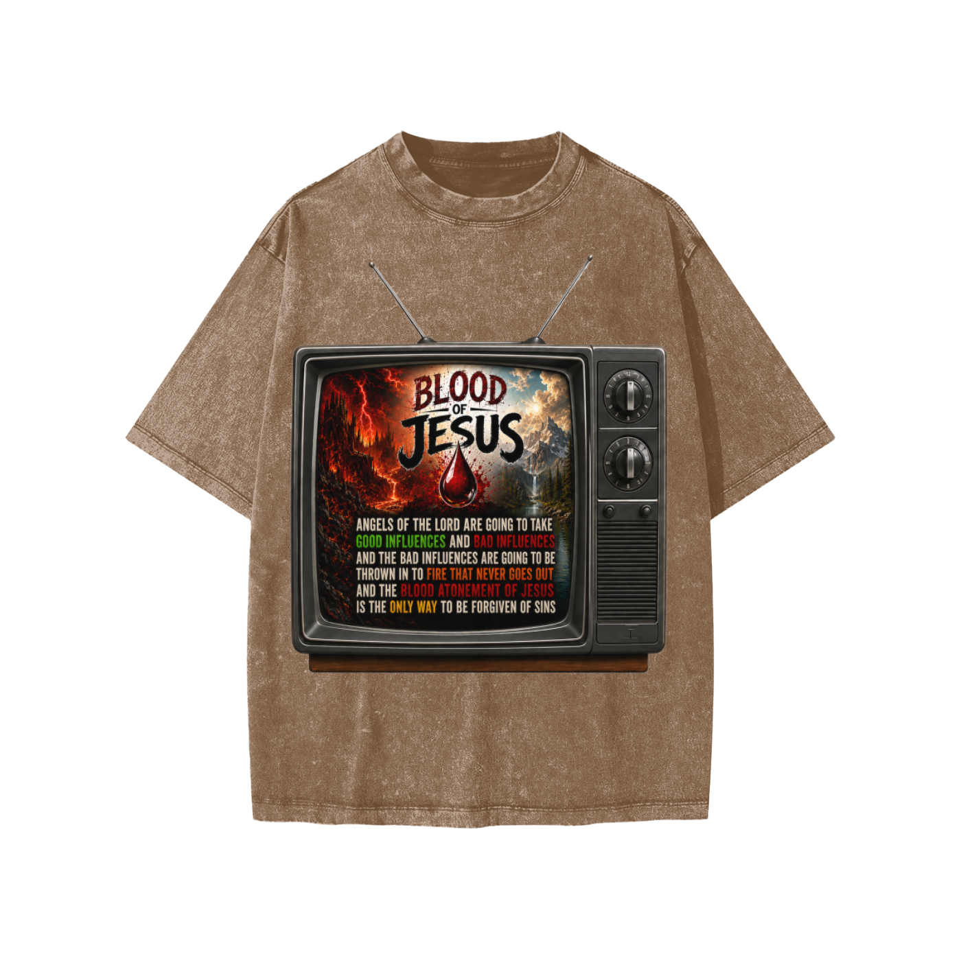 Blood of Jesus on a TV on a Kids' T-Shirt