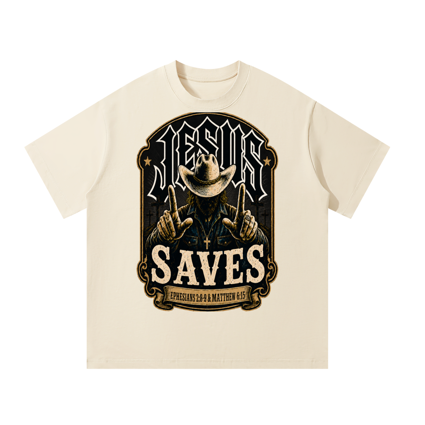 Jesus saves (EPHESIANS 2:8-9 & MATTHEW 6:15) T-Shirt