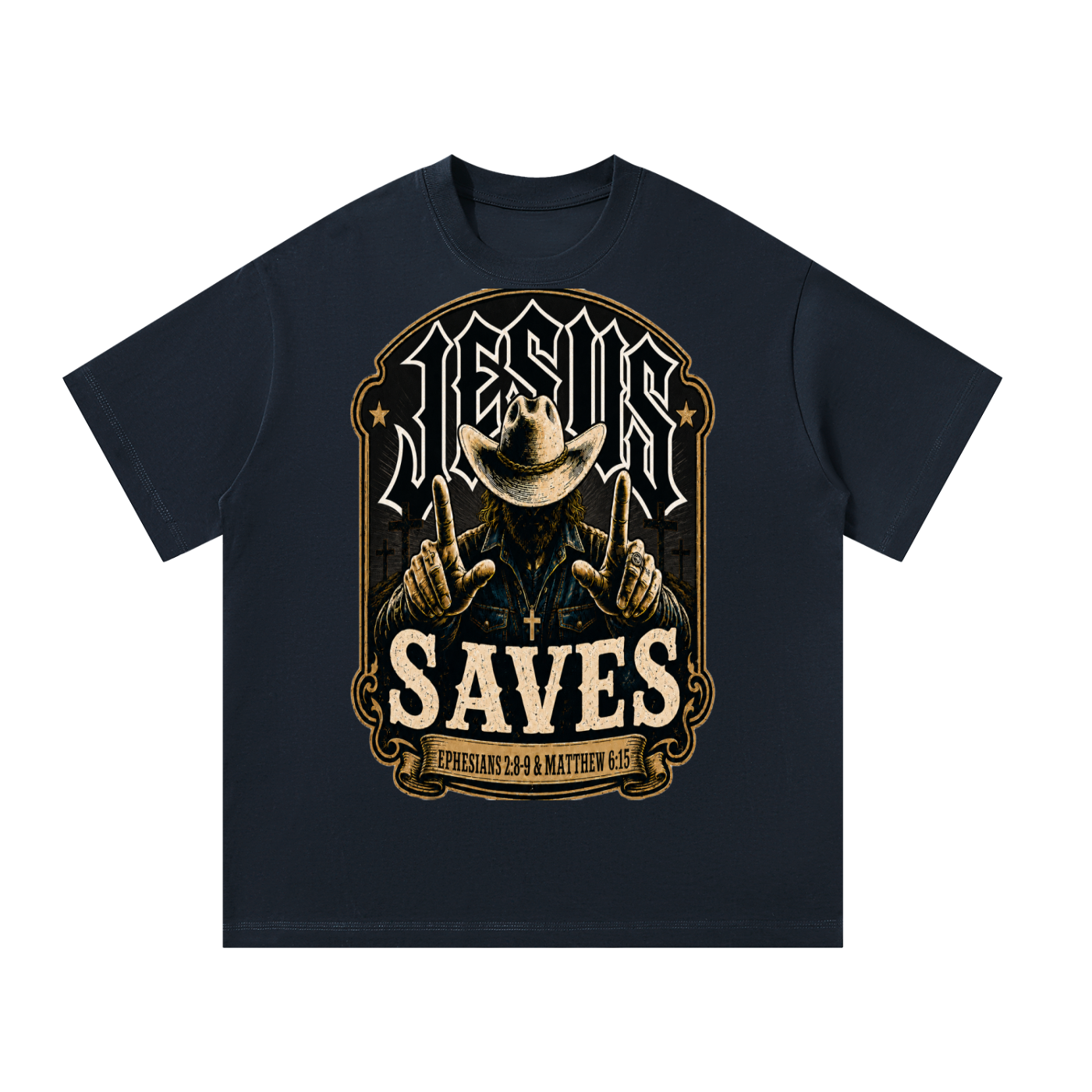 Jesus saves (EPHESIANS 2:8-9 & MATTHEW 6:15) T-Shirt