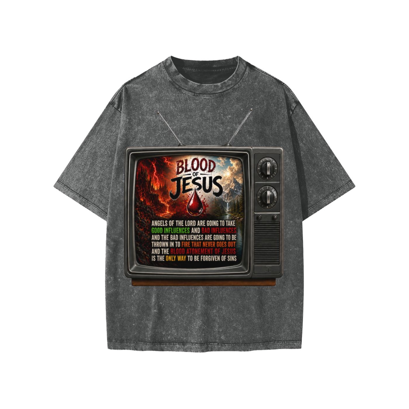 Blood of Jesus on a TV on a Kids' T-Shirt