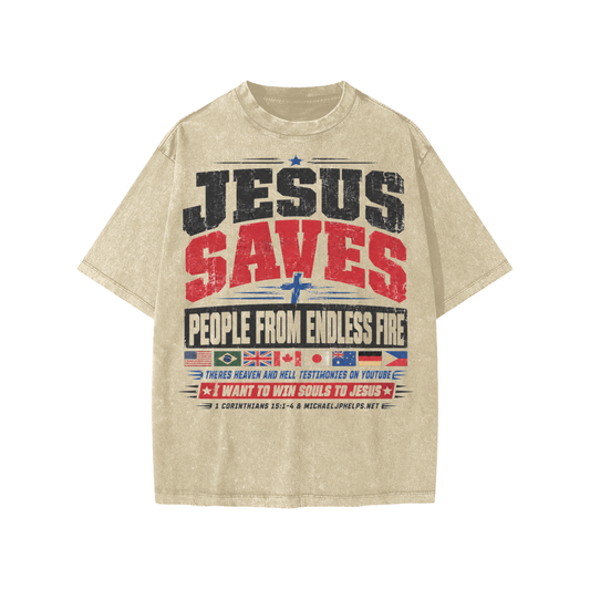 Jesus saves from endless fire Kids' T-Shirt